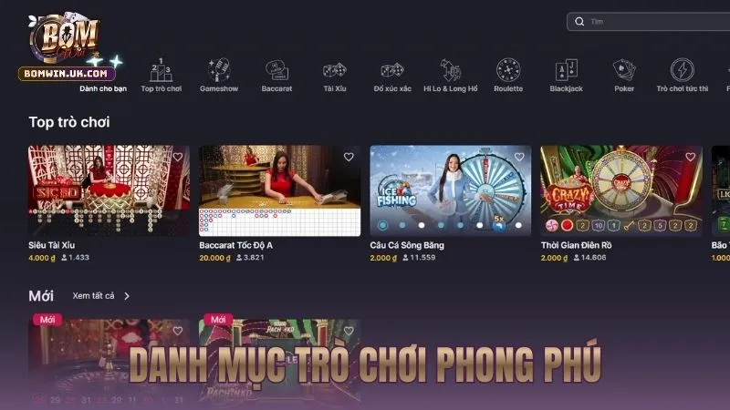 Kho trò chơi sòng bài đầy kịch tính tại Live Casino BOMWIN